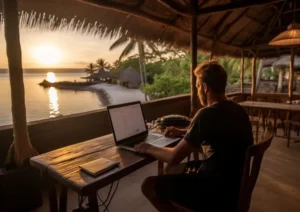 Digital entrepreneur working remotely in Bali with laptop near the beach
